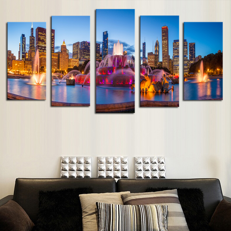 luxry 5 panels(no frame) modern city scenery home wall decor painting canvas art hd print painting canvas wall picture for home