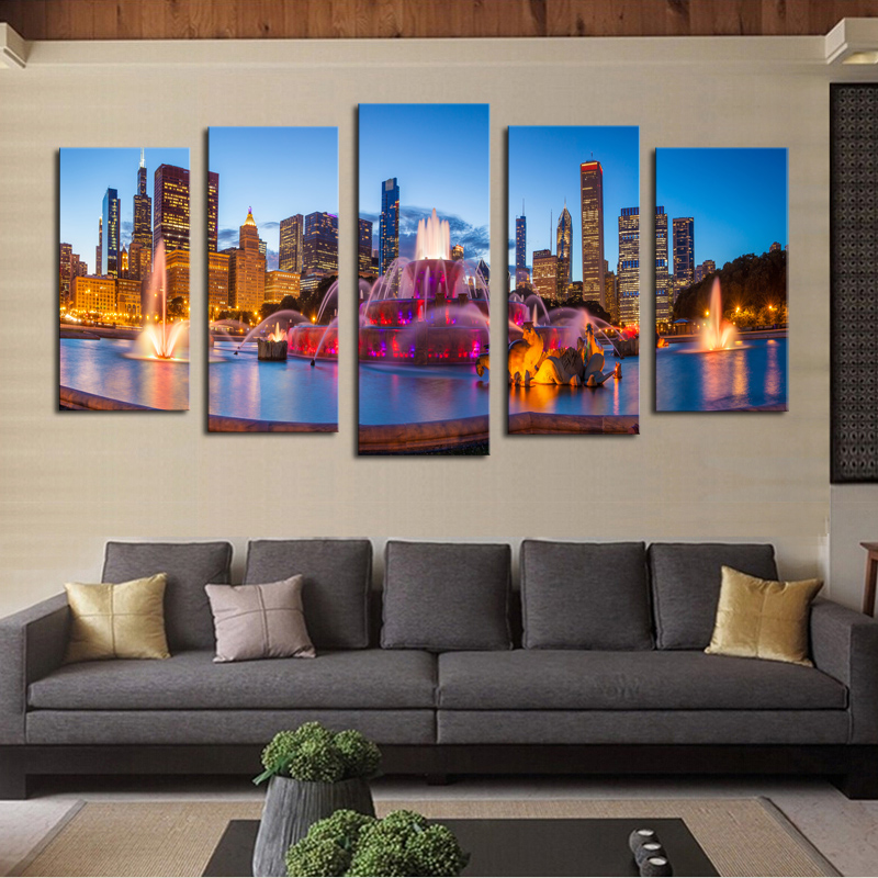 luxry 5 panels(no frame) modern city scenery home wall decor painting canvas art hd print painting canvas wall picture for home