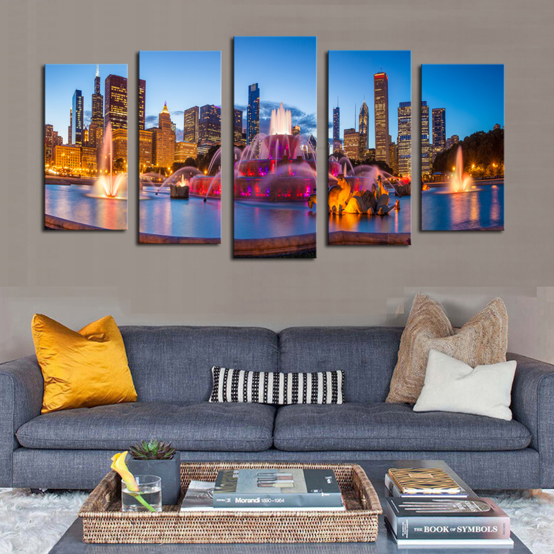 luxry 5 panels(no frame) modern city scenery home wall decor painting canvas art hd print painting canvas wall picture for home