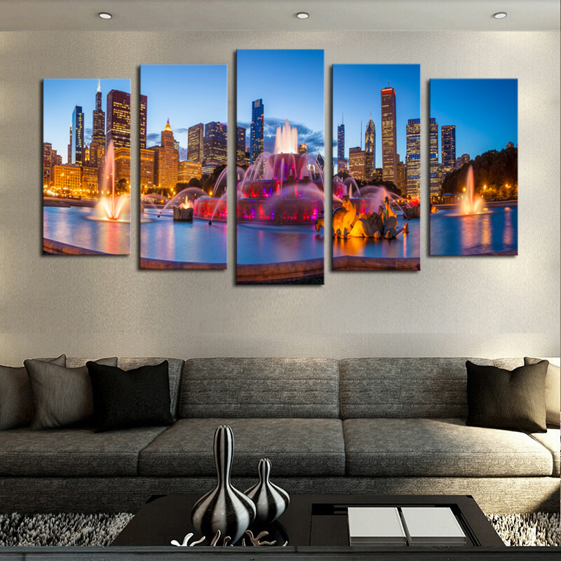 luxry 5 panels(no frame) modern city scenery home wall decor painting canvas art hd print painting canvas wall picture for home