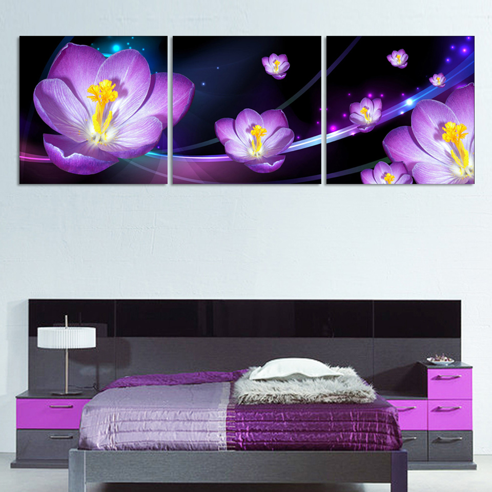 luxry modern blooming purple flower 3 piece painting on canvas abstract art wall picture decor home hanging painting no frame