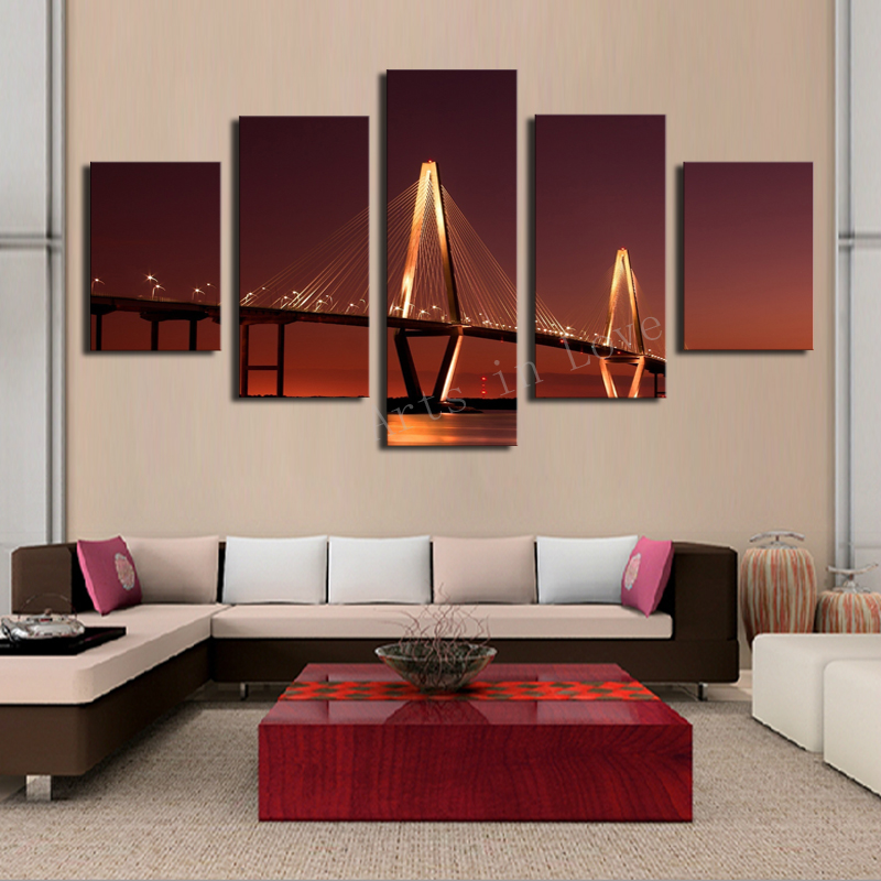 luxry unframed 5 panels nature golden bridge canvas print painting modern canvas wall art for wall decor home decoration artwork