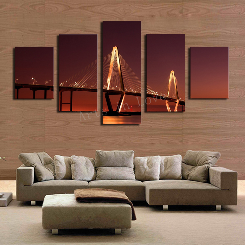 luxry unframed 5 panels nature golden bridge canvas print painting modern canvas wall art for wall decor home decoration artwork