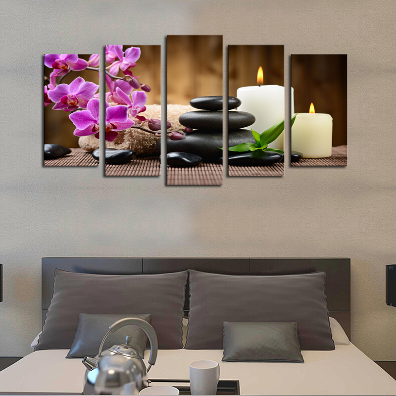 luxry unframed 5 panels purple flowers candle picture canvas print painting artwork wall art canvas painting whole for home