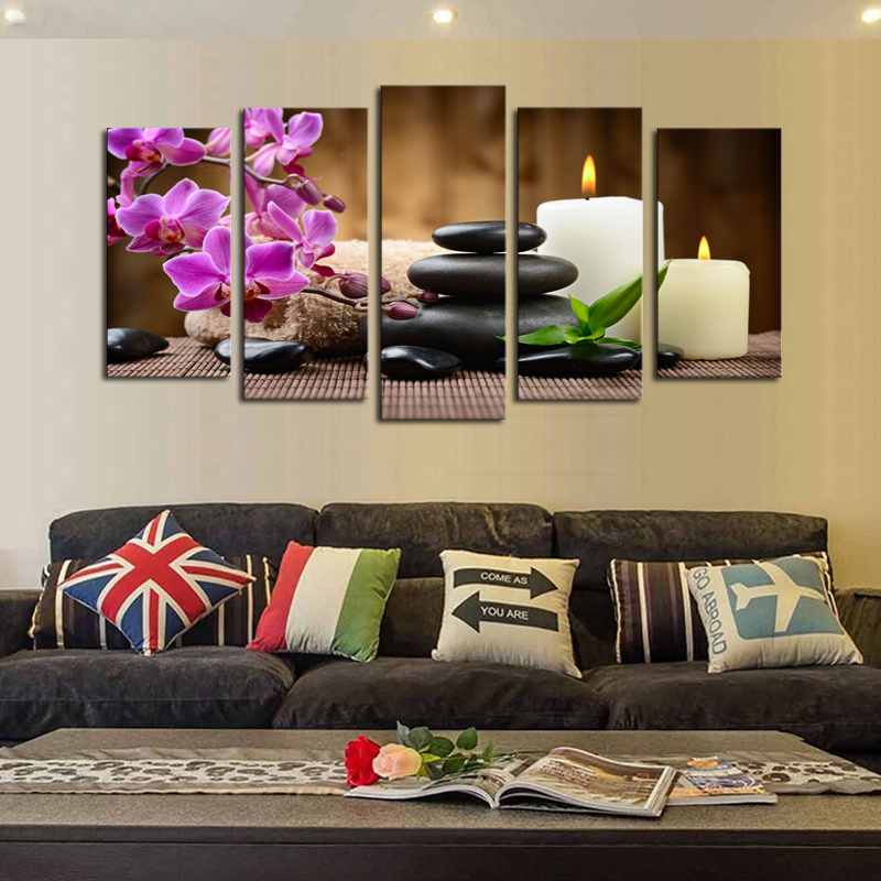 luxry unframed 5 panels purple flowers candle picture canvas print painting artwork wall art canvas painting whole for home