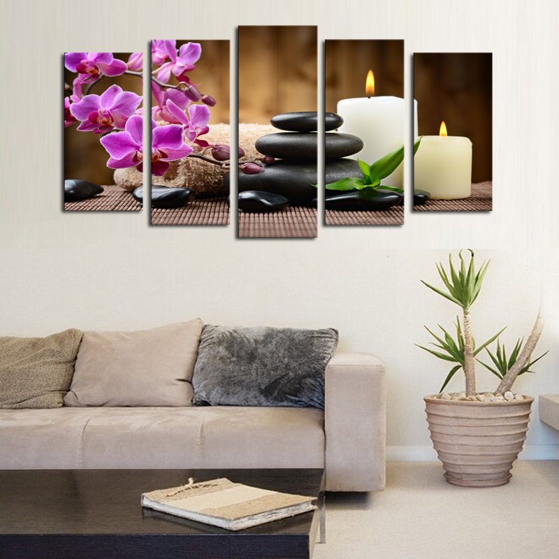 luxry unframed 5 panels purple flowers candle picture canvas print painting artwork wall art canvas painting whole for home