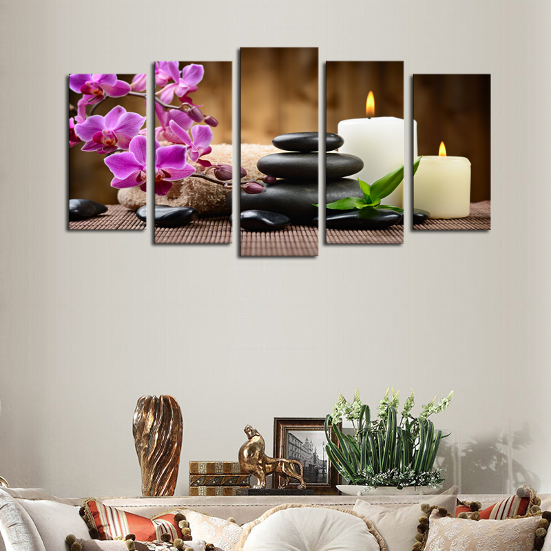 luxry unframed 5 panels purple flowers candle picture canvas print painting artwork wall art canvas painting whole for home