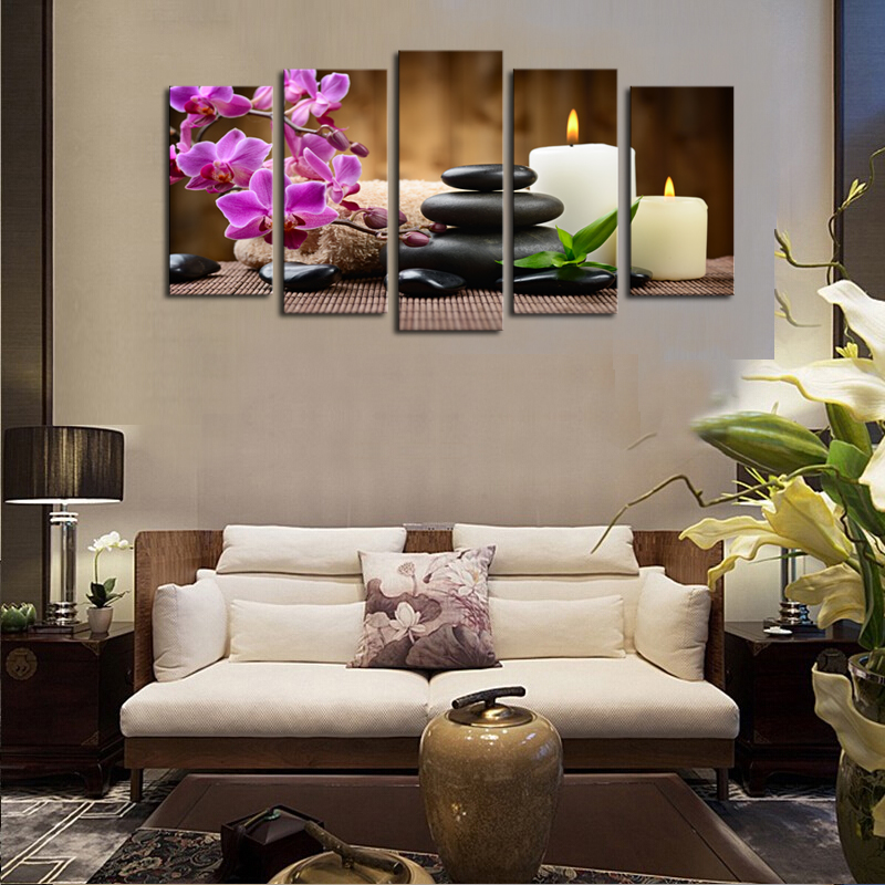 luxry unframed 5 panels purple flowers candle picture canvas print painting artwork wall art canvas painting whole for home