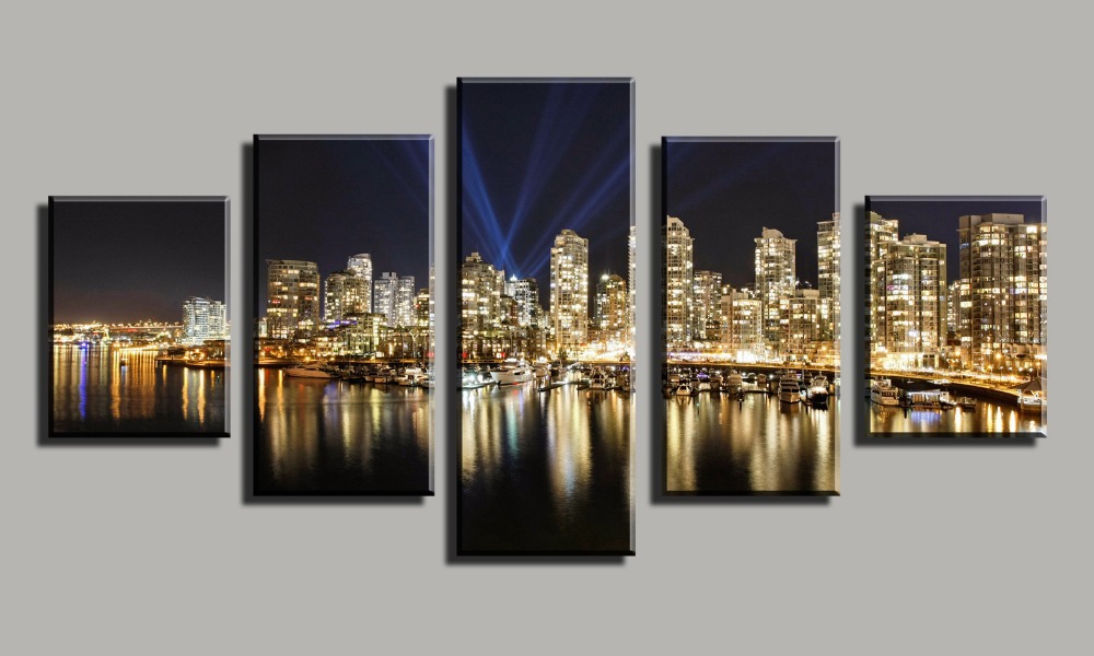 seaside city beautiful night, 5 panels/set hd canvas print painting artwork, wall art picture.decorative painting unframed