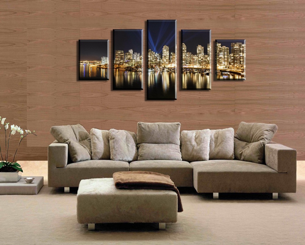 seaside city beautiful night, 5 panels/set hd canvas print painting artwork, wall art picture.decorative painting unframed