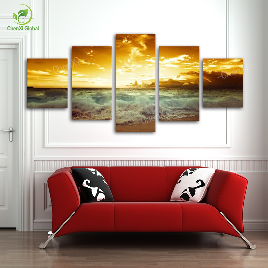 unframed 5 piece the yellow sea and setting sun modern home wall decor canvas picture art hd print painting on canvas artworks