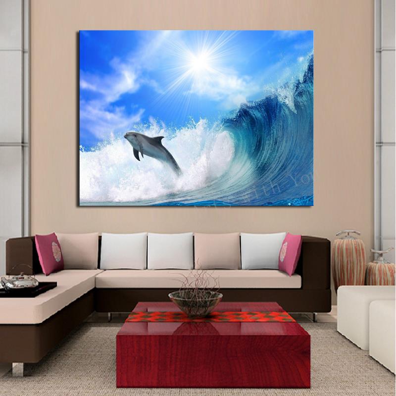 1panel decorative surfing dolphins big sun art picture painting on canvas for room home decor wall paintings