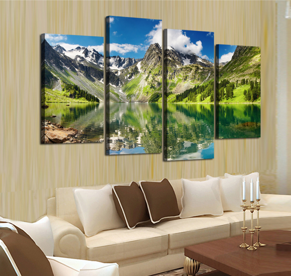 2015 4 panel blue sky mountain with lake large hd picture decorative art print painting on canvas for living room wall unframed