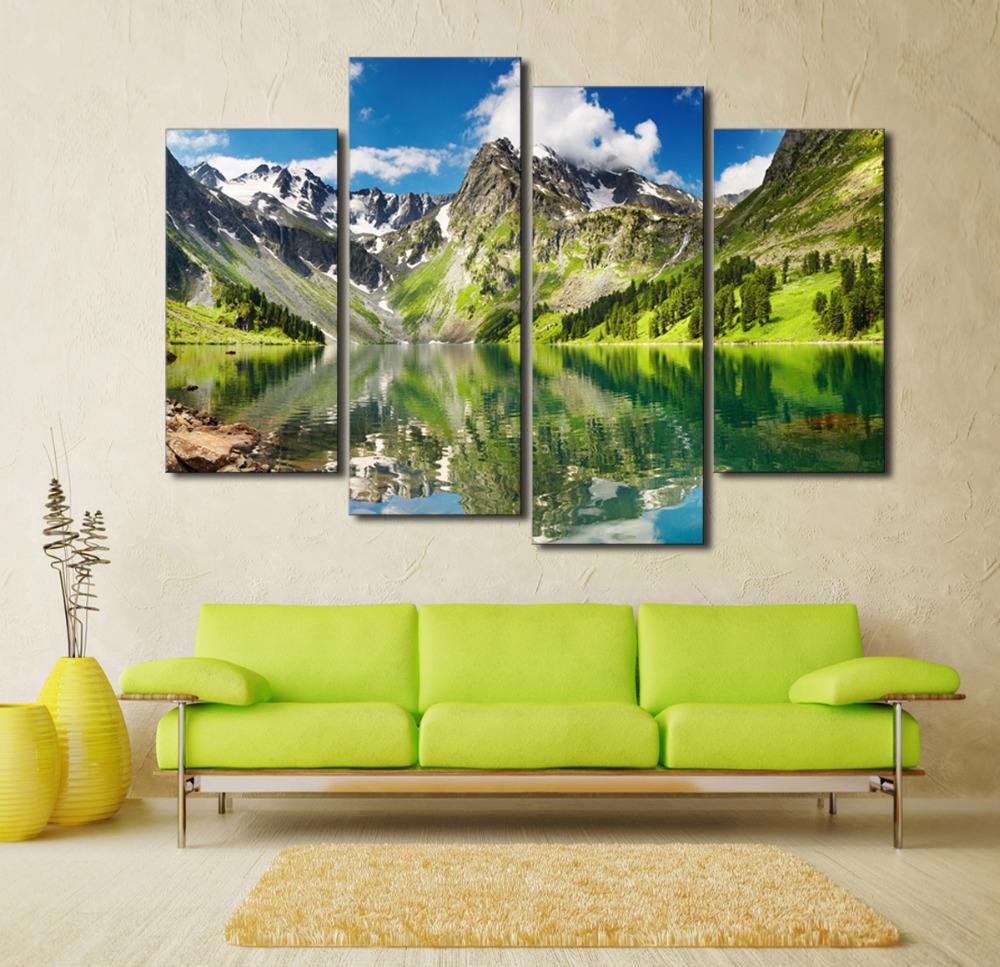 2015 4 panel blue sky mountain with lake large hd picture decorative art print painting on canvas for living room wall unframed