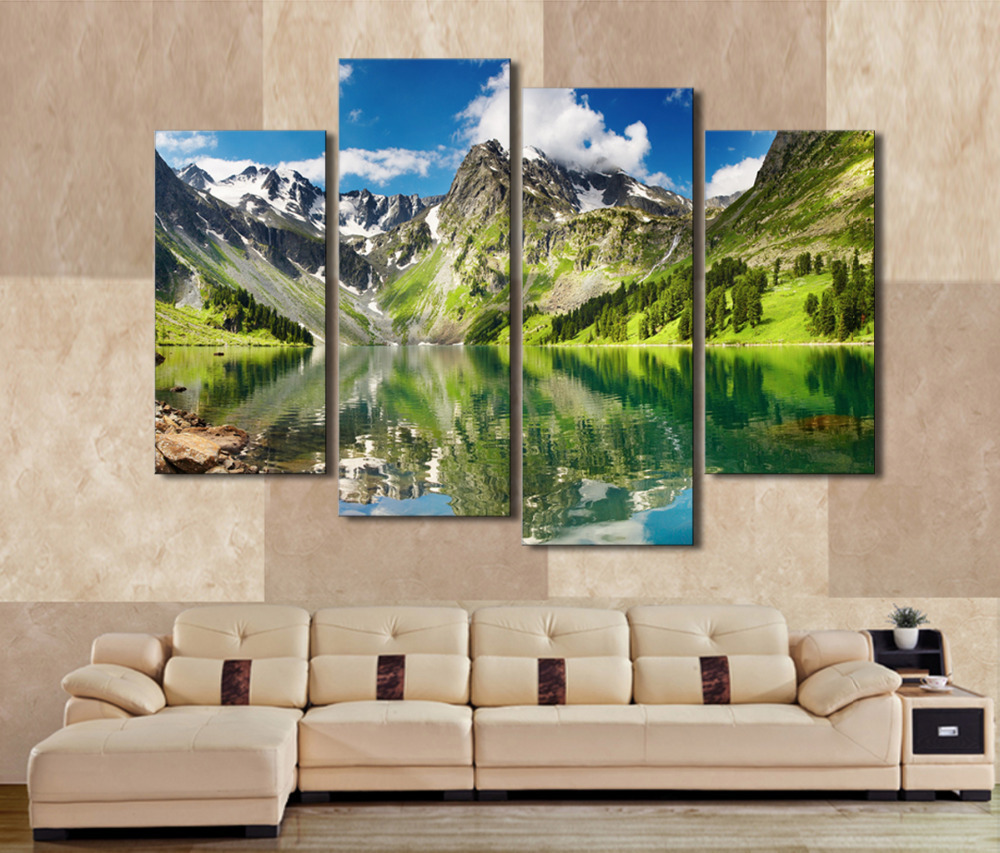 2015 4 panel blue sky mountain with lake large hd picture decorative art print painting on canvas for living room wall unframed