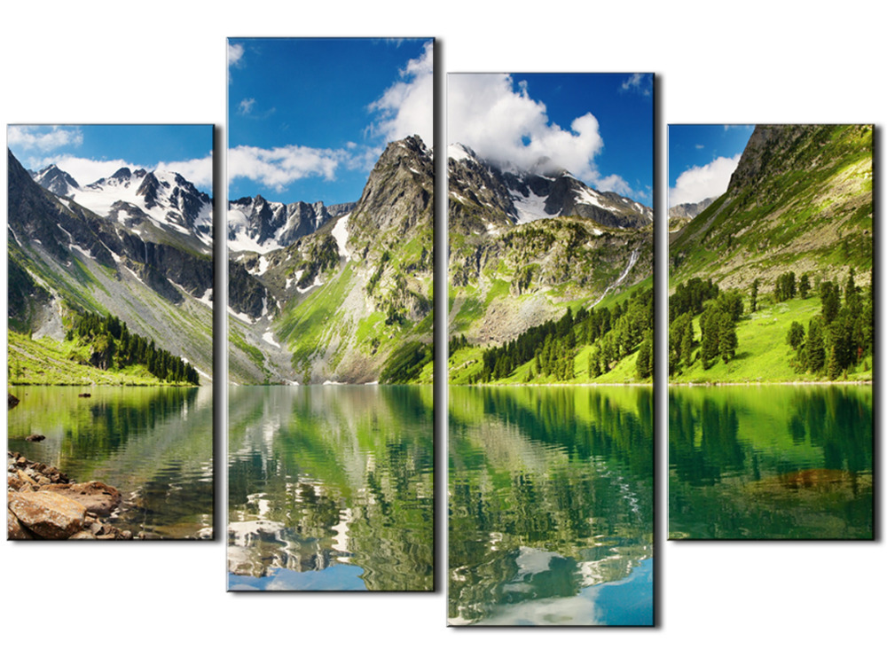 2015 4 panel blue sky mountain with lake large hd picture decorative art print painting on canvas for living room wall unframed