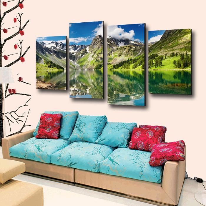 2015 4 panel blue sky mountain with lake large hd picture decorative art print painting on canvas for living room wall unframed