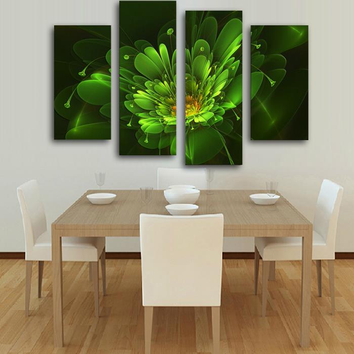 2015 sell 4 panel bright-green flower large hd picture modern home wall decor canvas print painting for house decorate