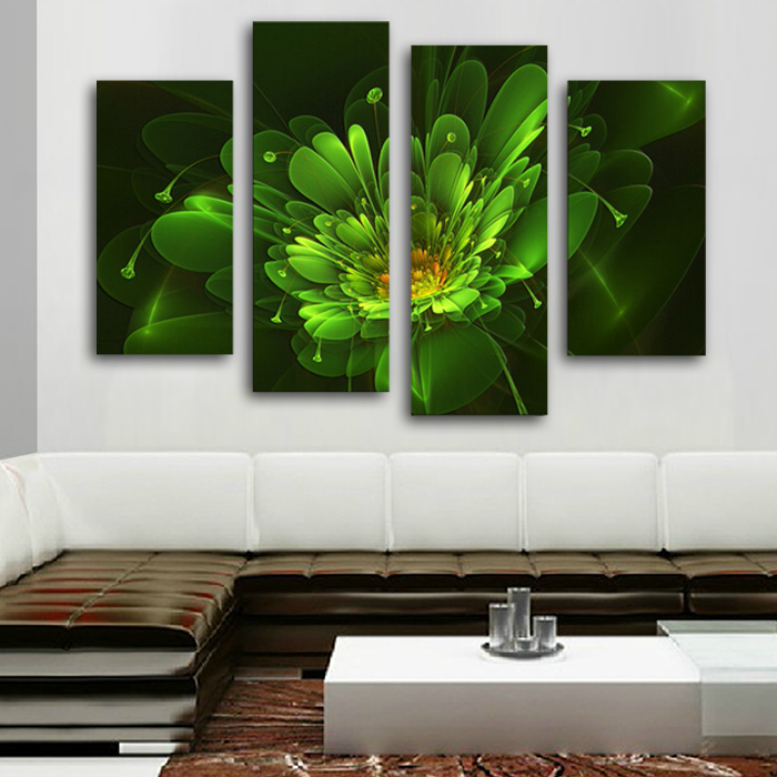 2015 sell 4 panel bright-green flower large hd picture modern home wall decor canvas print painting for house decorate