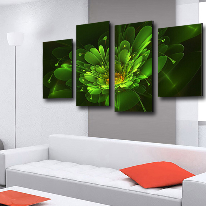 2015 sell 4 panel bright-green flower large hd picture modern home wall decor canvas print painting for house decorate