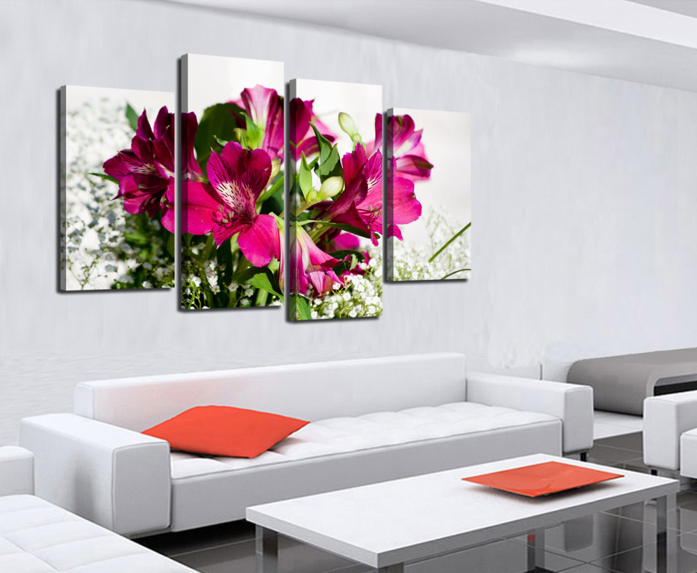 2015 sell 4 panel red flower large hd decorative art print painting on canvas for living room wall paintings pictures