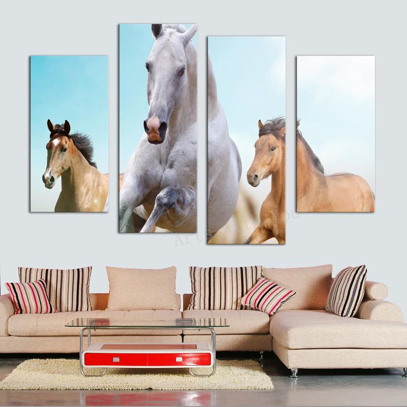 2015 sell 4 panel running white horse large hd picture modern home wall decor canvas print oil painting for sitting room