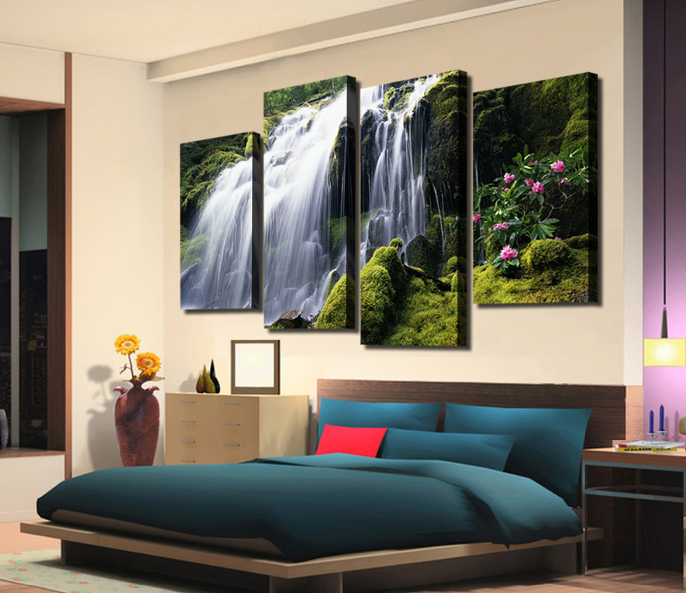 2015 sell 4 panel waterfall with green tree large hd picture modern home wall decor canvas print painting for house decorate