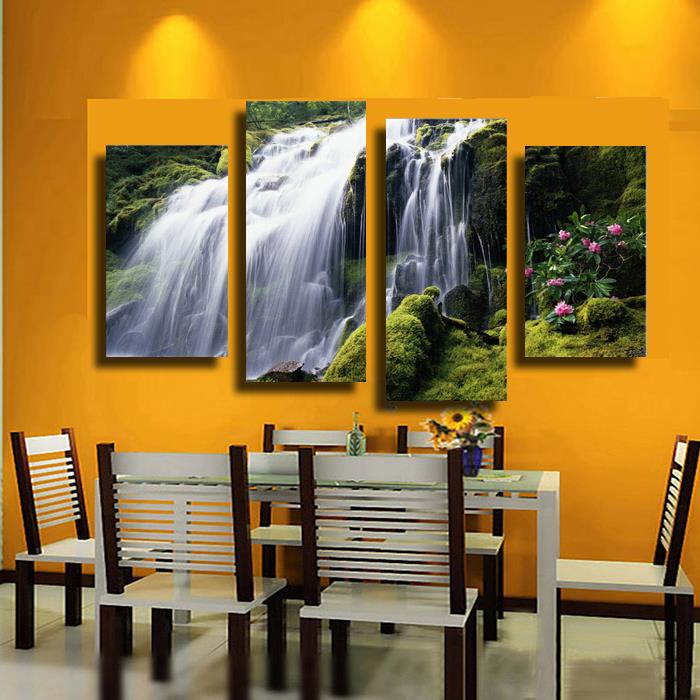 2015 sell 4 panel waterfall with green tree large hd picture modern home wall decor canvas print painting for house decorate