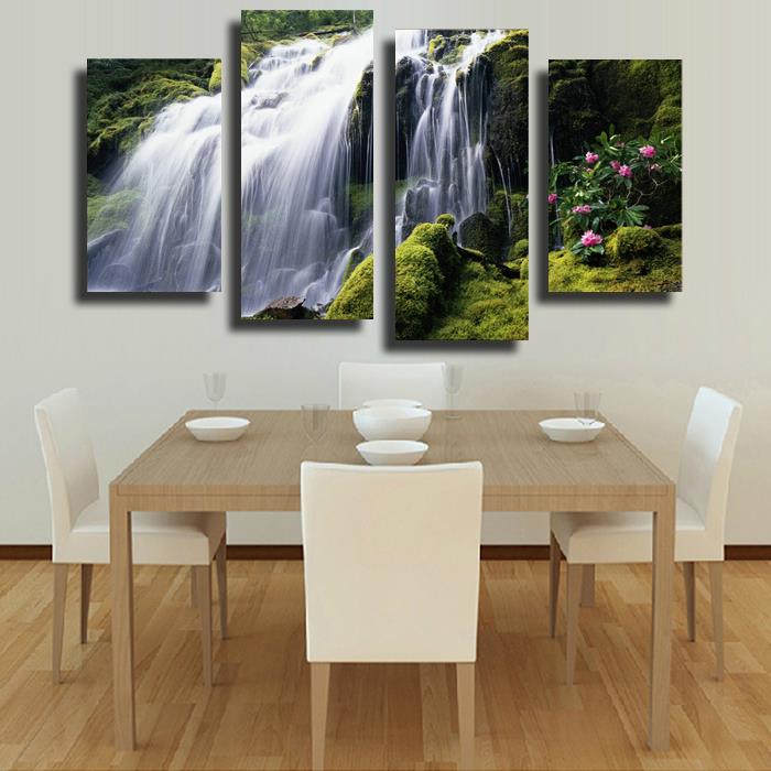 2015 sell 4 panel waterfall with green tree large hd picture modern home wall decor canvas print painting for house decorate