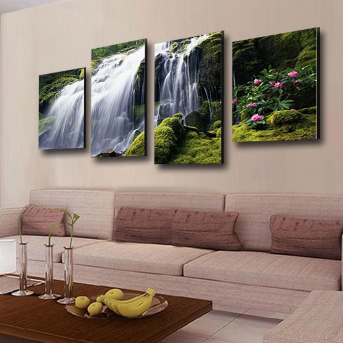 2015 sell 4 panel waterfall with green tree large hd picture modern home wall decor canvas print painting for house decorate