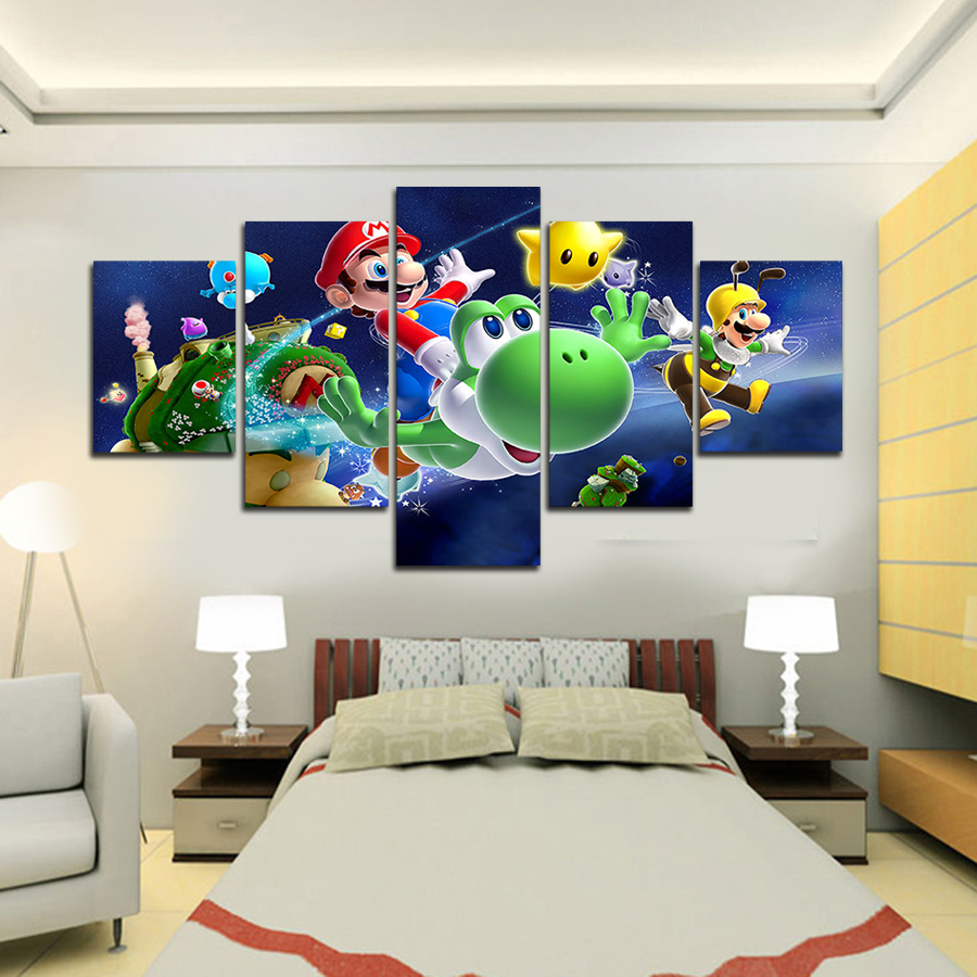 2016 5 panel wall art cartoon group oil painting super mario galaxy on canvas for wall decor wall art gifts for children del