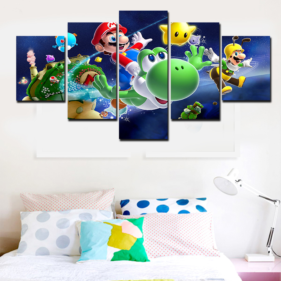 2016 5 panel wall art cartoon group oil painting super mario galaxy on canvas for wall decor wall art gifts for children del