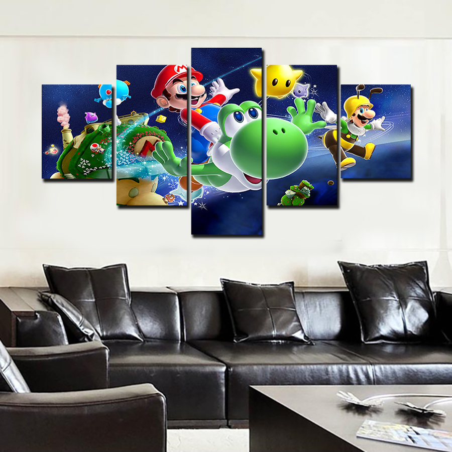 2016 5 panel wall art cartoon group oil painting super mario galaxy on canvas for wall decor wall art gifts for children del