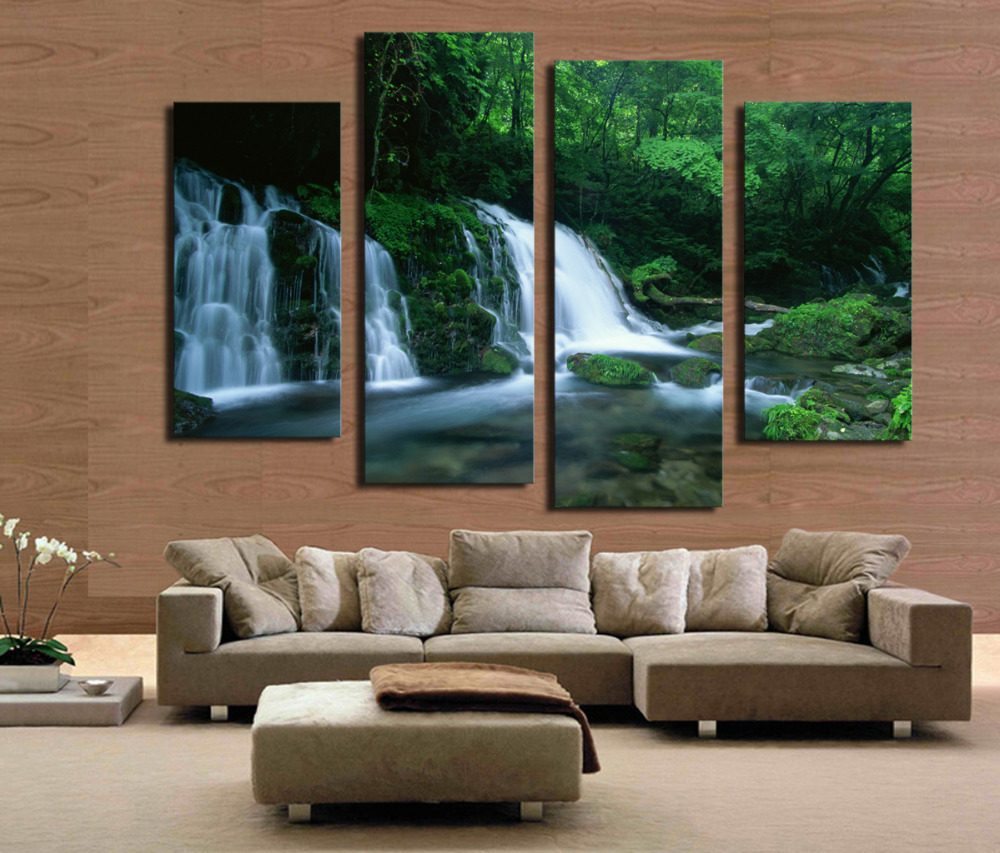 4 panel green tree with waterfall landscape large hd picture modern home wall decor canvas print painting for house decorate