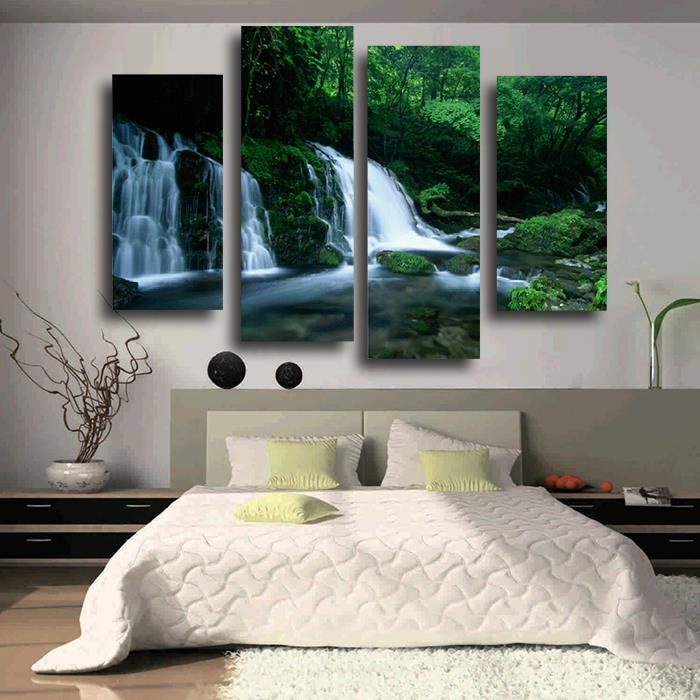 4 panel green tree with waterfall landscape large hd picture modern home wall decor canvas print painting for house decorate