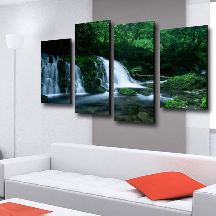 4 panel green tree with waterfall landscape large hd picture modern home wall decor canvas print painting for house decorate