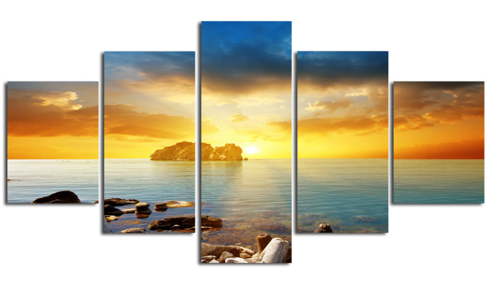 5 panels canvas print huge hd sunset seascape sea stones wall art picture top-rated for living room painting artwork unframed