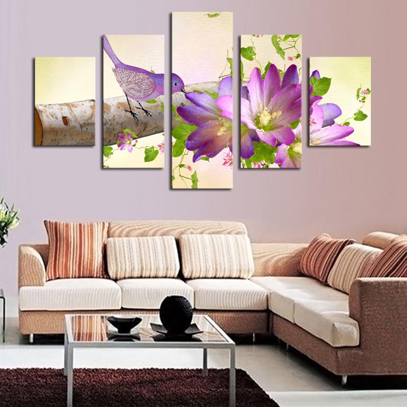 5 panels hd beautiful bird and purple flower top-rated canvas print painting for living room wall art pictureartwork unframed