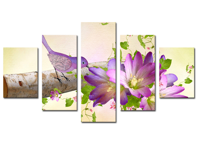 5 panels hd beautiful bird and purple flower top-rated canvas print painting for living room wall art pictureartwork unframed