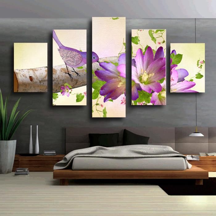 5 panels hd beautiful bird and purple flower top-rated canvas print painting for living room wall art pictureartwork unframed