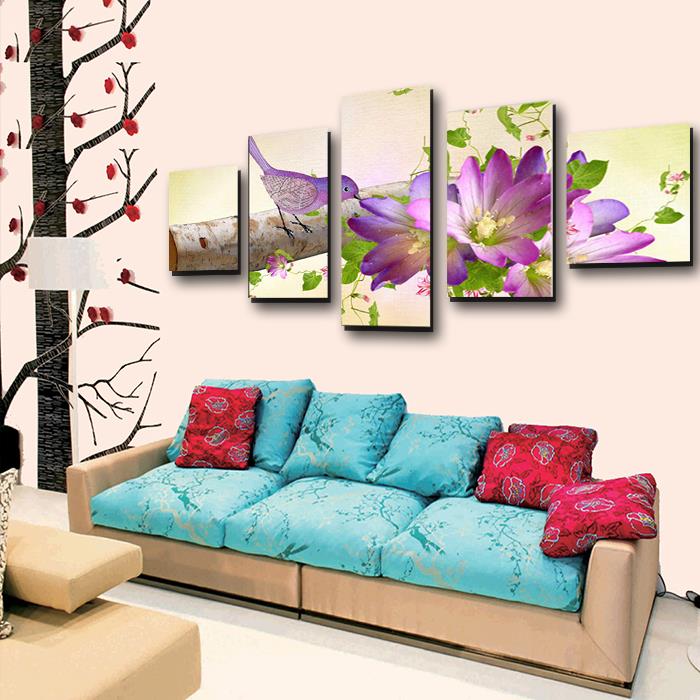 5 panels hd beautiful bird and purple flower top-rated canvas print painting for living room wall art pictureartwork unframed