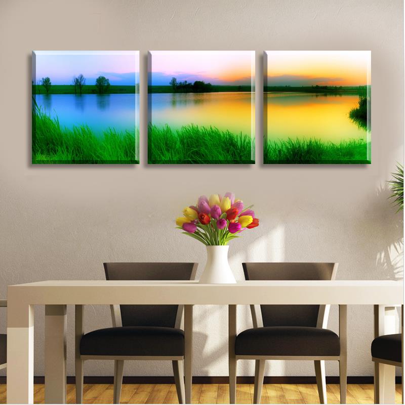 new 3 piece wall art picture the lake and green grass the love sunset on canvas wall painting modern pictures home decoration