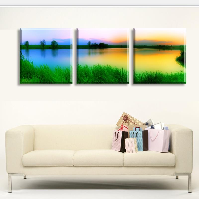 new 3 piece wall art picture the lake and green grass the love sunset on canvas wall painting modern pictures home decoration