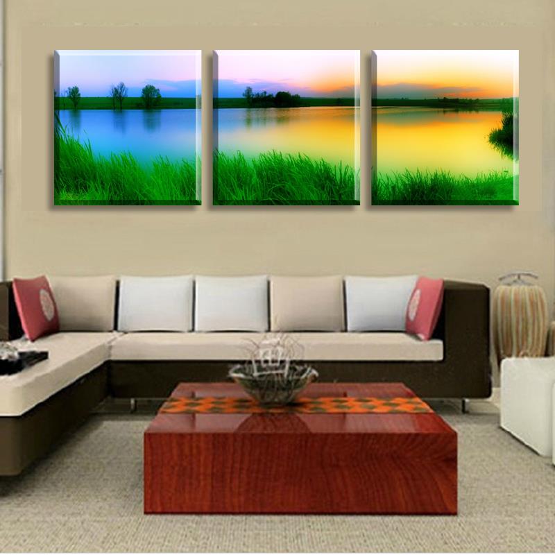 new 3 piece wall art picture the lake and green grass the love sunset on canvas wall painting modern pictures home decoration