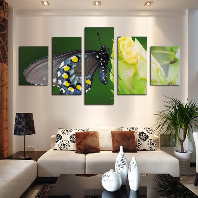 top-rated 5 panels hd gray butterfly on the flower canvas print painting for living room wall art pictureartwork unframed