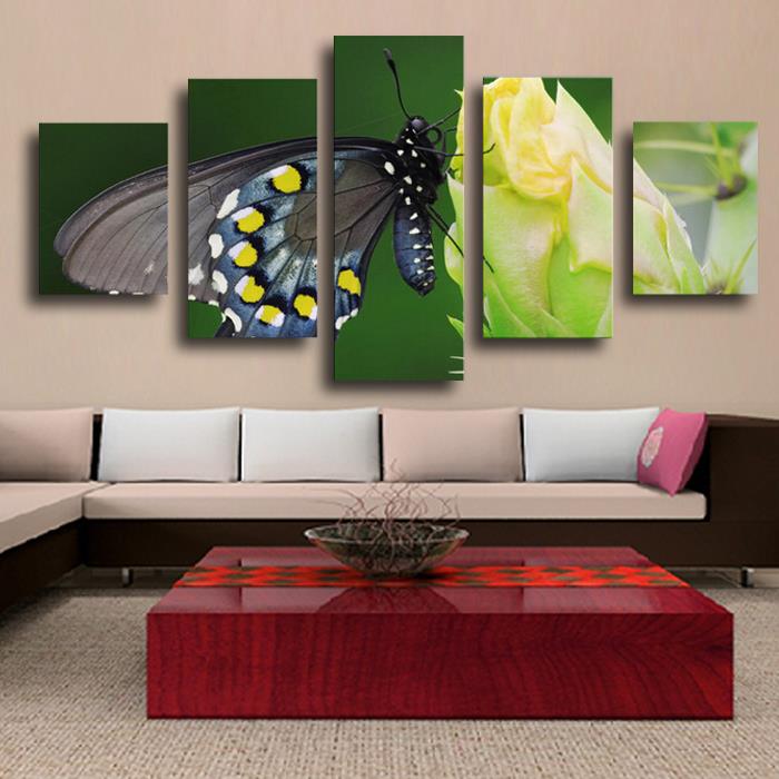 top-rated 5 panels hd gray butterfly on the flower canvas print painting for living room wall art pictureartwork unframed