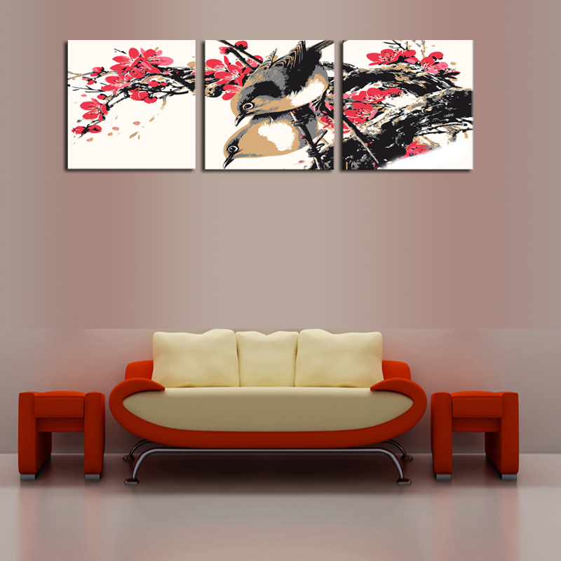 unframed 3 sets canvas red flowers with birds painting art hd picture home decor on canvas modern wall prints artworks