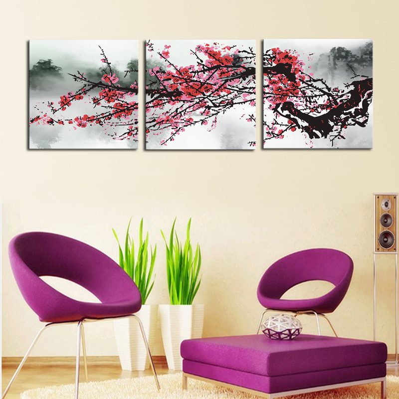 unframed 3 sets red plum blossom flowers painting art hd picture home decor on canvas modern wall prints artworks