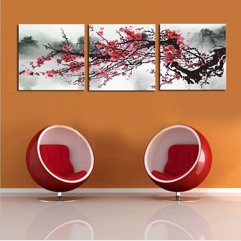 unframed 3 sets red plum blossom flowers painting art hd picture home decor on canvas modern wall prints artworks