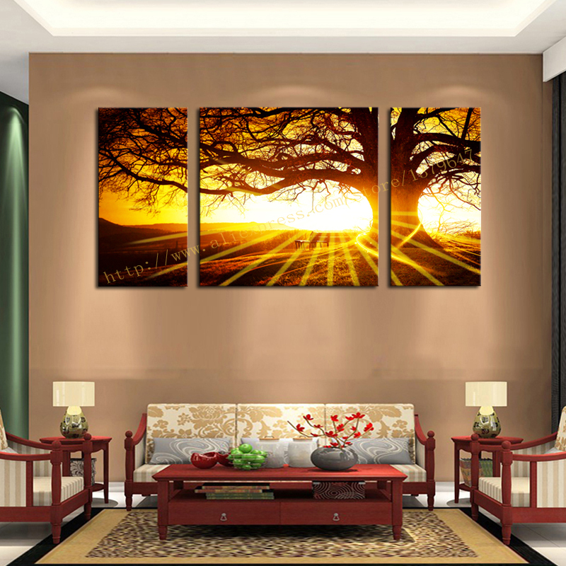 unframed 3 sets the setting sun and trees painting art hd picture home decor on canvas modern wall prints artworks